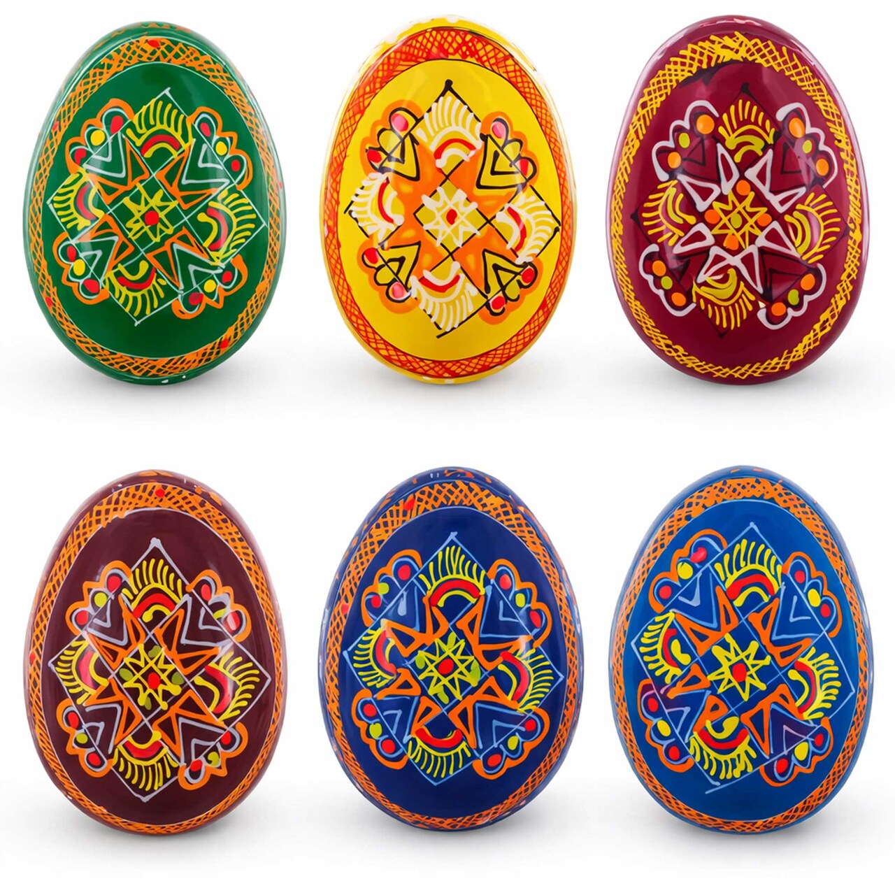 Set of 6 Folk Art Patterns Wooden Ukrainian Easter Eggs 2.5 Inches